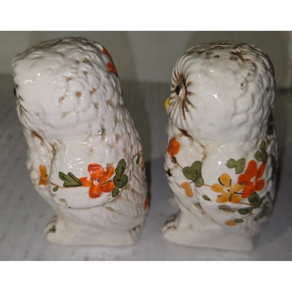 Vintage Ceramic Owl Salt+Pepper Shaker - Hand-painted Floral and Feathers